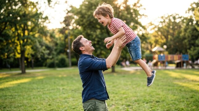 A smiling father joyfully lifts his young son into the air at a park. The man, likely in his 30s, is wearing a dark blue shirt and khaki pants.