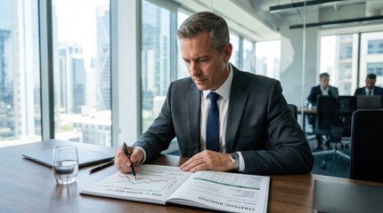 Obraz premium A mature man is intently studying a strategic analysis document at a large wooden desk. He is wearing a dark suit and tie, and a wristwatch.