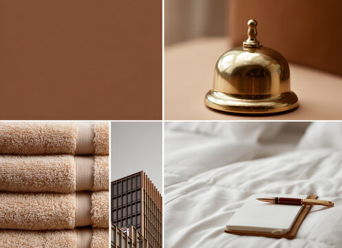 Warm hotel service collage. Collage in warm colors with towels, a bed, and a reception call. Atmosphere of comfort and service.