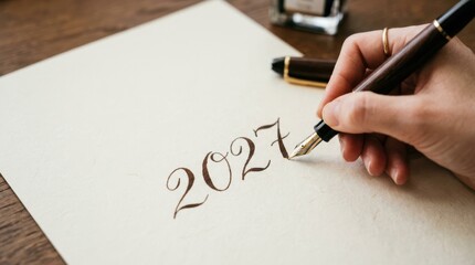 Fototapeta premium Handwriting 2027 on textured paper with a fountain pen, representing future planning, goal setting, and new year resolutions for personal development and business strategy