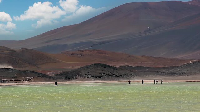 Wide Shot of Travelers Exploring Piedras Rojas in Atacama Desert Chile - 4K