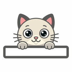 Fototapeta premium Cute cartoon cat peeking over a blank rectangular sign, with big eyes and whiskers, isolated on a white background.