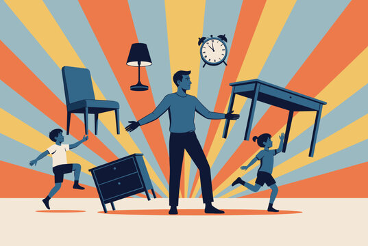 Overwhelmed father tries to manage floating furniture while his playful children run around in a messy house.