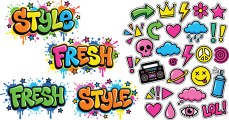 Fototapeta premium Colorful graffiti words fresh and style with vibrant street art patches and sticker set vector illustration