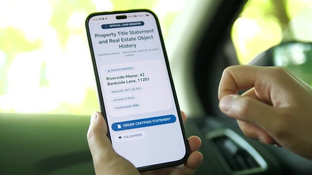 User ordering a certified property title statement via a digital land registry app. Finger tapping the blue action button. Ideal for legal real estate, official documentation, and e-government stock