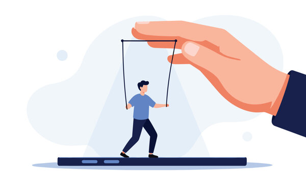 Business control and manipulation concept with a tiny person being controlled like a puppet on a smartphone screen.