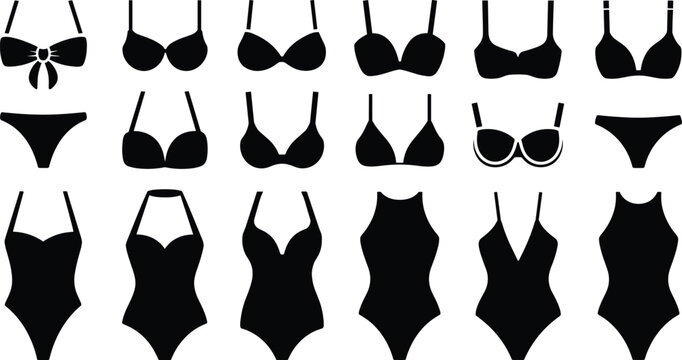 Women swimwear silhouettes collection featuring bikinis and one piece swimsuits, fashion lingerie shapes illustrated in clean black vector style
