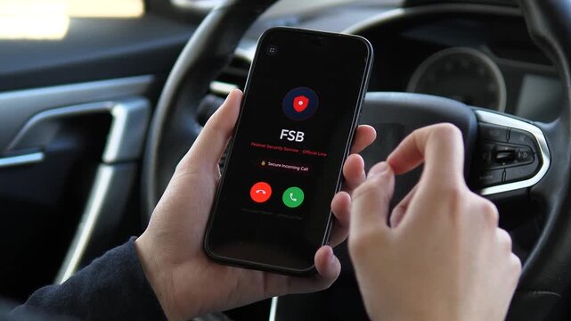 Cinematic shot of a secret incoming call from the FSB. Official security line alert on a smartphone inside a car. Perfect for spy thrillers, political documentaries, and news. High-quality government