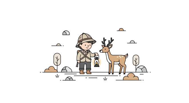 A cute minimalist vector illustration features a young explorer wearing a pith helmet and holding a lantern while standing next to a deer in nature.