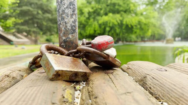 A rusty wedding padlock and a red heart lock are chained to a metal post. They rest on a wooden dock next to a green park pond.