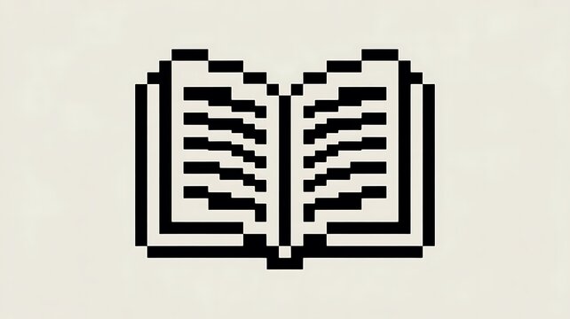 Pixel art book, open book icon, black and beige, educational symbol, minimalist design