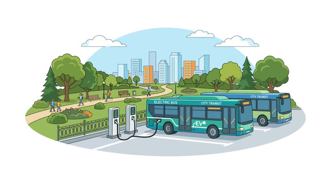 Electric Buses Charging in City Park with Modern Skyline Background