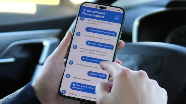 User starts an auto insurance claim using a sleek AI chatbot app inside a vehicle. Sequence shows filing an accident report with instant digital assistance. Perfect for fintech and car insurance