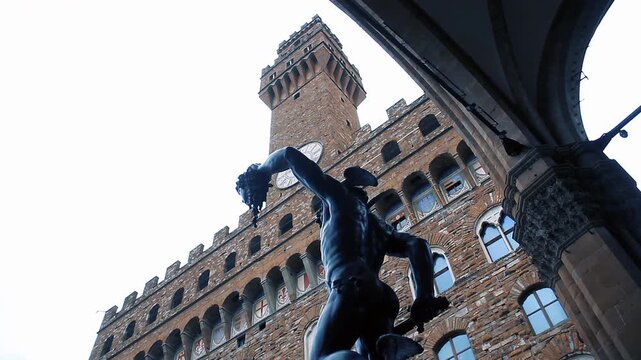 Low Angle View of Perseus with the Head of Medusa Statue at Palazzo Vecchio - 4K
