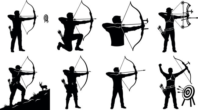 Archery silhouettes collection featuring archers with bows, hunting vector elements, and targets for sports sil collection featuring archers with bows, hunting vector elements, and targets for sports 