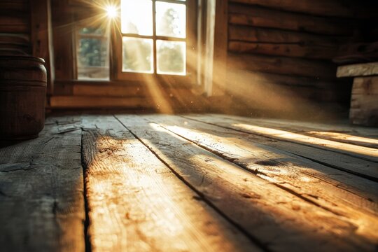 Sunlight through wooden window onto rustic floor in empty cabin, warm beam, dusty air, interior