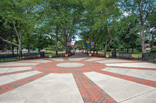 Public Park Court and Promenade with Summer Flowers