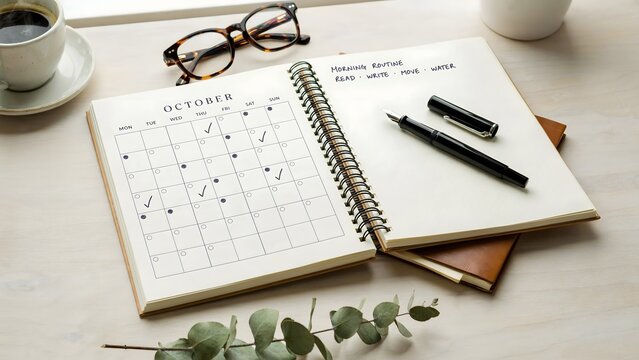 Habit tracker calendar with pen on office desk &ndash; Great for productivity tracking apps, goal setting content, or corporate planning materials.