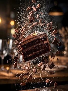 Chocolate cake slice exploding with cocoa powder and beans