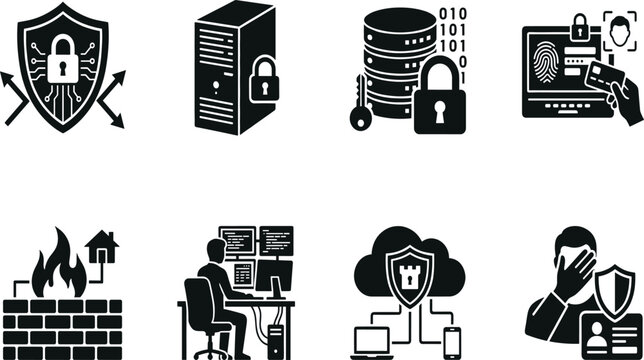 Cybersecurity and data protection vector icon set featuring network security, cloud storage, firewall, and multi-factor authentication concepts