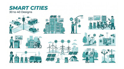 Fototapeta premium Smart cities urban infrastructure and sustainable technology vector icons collection with infrastructure technology sustainability transportation connectivity environment innovation