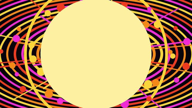 Abstract atomic orbital pattern backdrop with a large yellow copy space circle