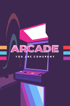 A retro-wave poster layout. Text "ARCADE" in a bold neon pink font. A vector graphic of an old-school arcade cabinet blasting neon violet and cyan light rays from the screen.