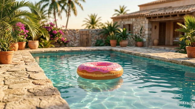 Pink donut pool float floating in a swimming pool at a luxury villa