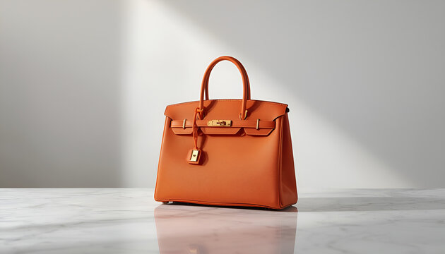 Luxury orange leather handbag on marble surface with high end accessory expensive shopping collection lifestyle glamorous feminine beautiful sophisticated stitched hardware background