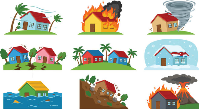 Natural disaster house icons with hurricane fire tornado earthquake flood snowstorm landslide volcano vector illustration artwork
