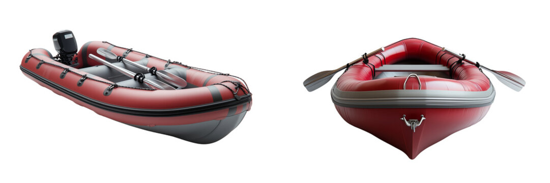Red inflatable rubber motorboat with black and silver details isolated on transparent background