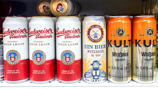 Various canned alcoholic beer ready for sale at a superstore. Canned alcoholic beverages and spirit drinks