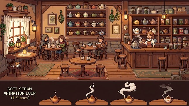 Cozy pixel art tea shop interior with customers and steam animations