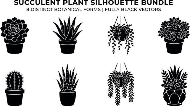Succulent and cactus plant silhouette bundle featuring eight distinct botanical vector icons in potsSucculent and cactus plant silhouette bundle featuring eight distinct botanical vector icons in pots
