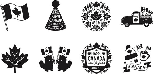 Naklejka premium Canada Day celebration icons with maple leaf flag beaver truck badge festive vector illustration artwork
