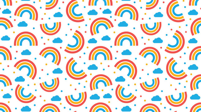 Seamless rainbow pattern with clouds and confetti on white background for kids design