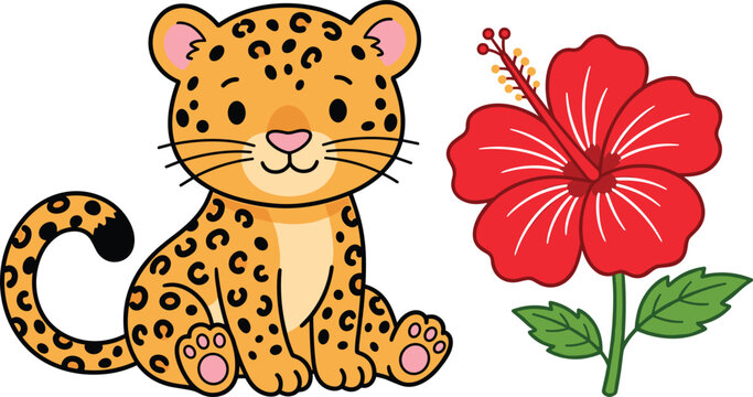 Cartoon leopard with tropical hibiscus flower cute wildlife nature vector illustration artwork