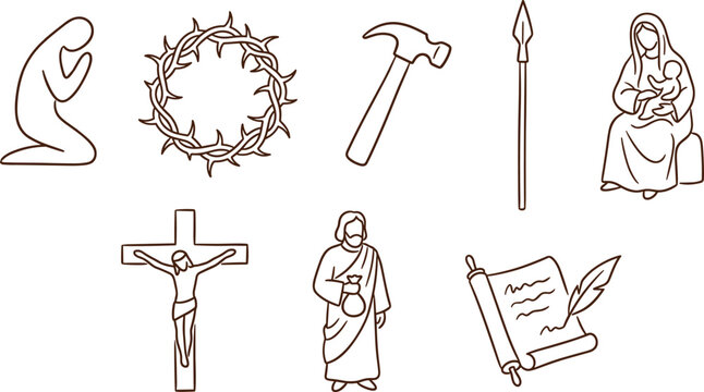 Christian iconography symbols with crucifix prayer crown thorns scroll biblical vector illustration artwork