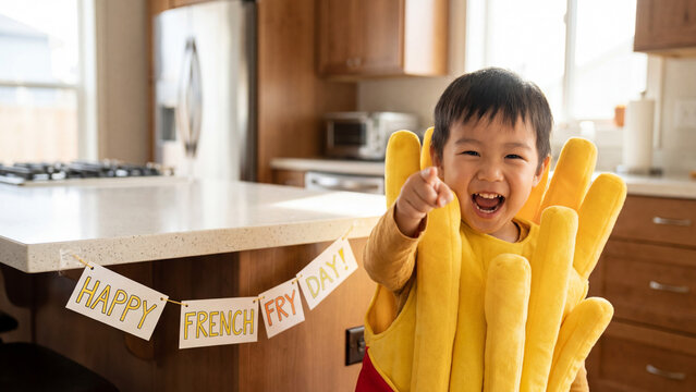French Fry Day kitchen celebration child pointing camera yellow costume joyful playful indoor festive scene for poster banner design marketing template