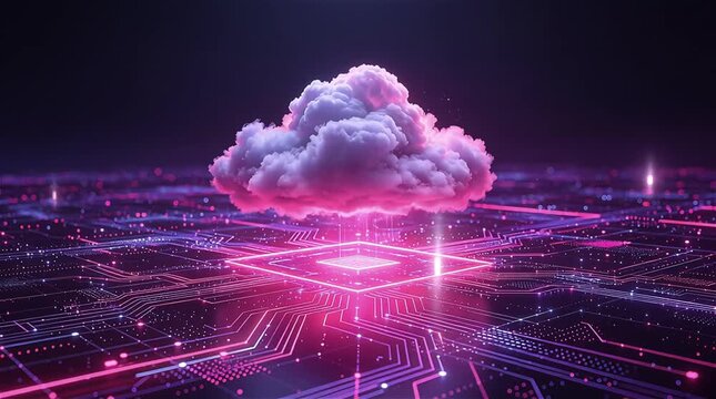 Glowing pink cloud over neon circuit board for cloud computing technology presentation and software marketing