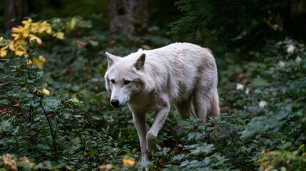 Fototapeta premium A swift wolf moves gracefully through dense underbrush in a serene natural forest setting