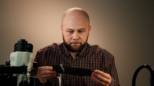 Technician Inspecting Electronics at a Stereo Microscope