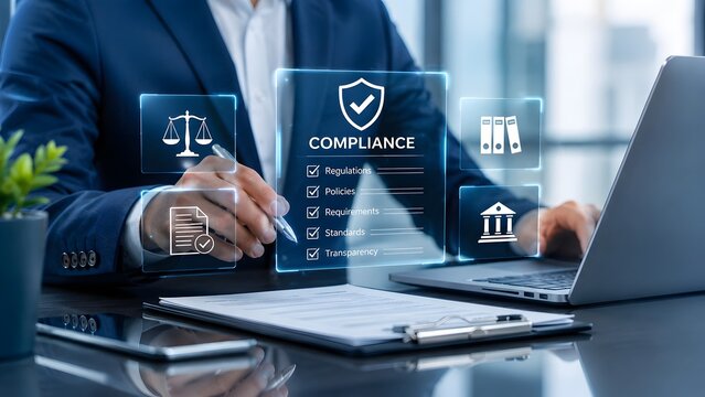 Digital compliance software interface used by businessman for regulatory auditing and corporate policy management