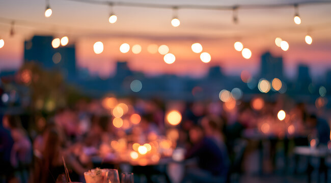 A sunset bokeh image of a rooftop party blending into the city skyline is the perfect setting for a celebration and nightlife event