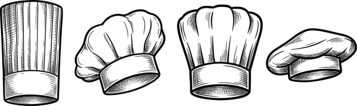 Chef Hat Vector Set with Vintage Engraving Style Toque Graphic Elements for Restaurant Logos Bakery Branding Culinary Art Cooking Schools and Kitchen Uniform Designs