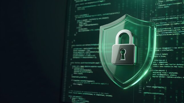 Cyber Security Protection Concept Showing Glowing Green Shield and Padlock Over Computer Code