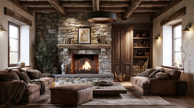Cozy rustic living room interior with stone fireplace and warm lighting