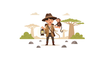 A vector illustration of a young explorer wearing a fedora, holding a lantern, and carrying a monkey on his shoulder in a scenic safari landscape. © Syifa