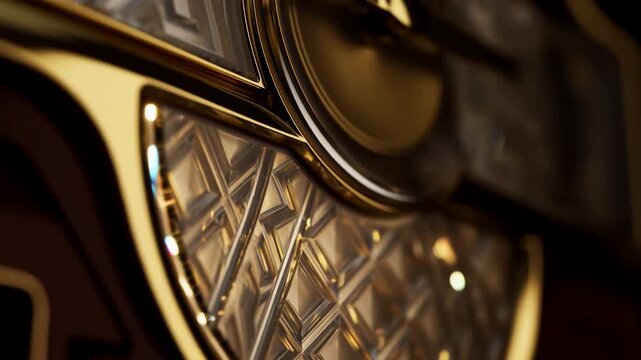 Midsequence closeup of luxury car speaker grille and polished metal bezel under warm directional