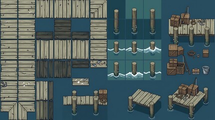 Naklejka premium Pixel art wooden pier tileset for a top down game